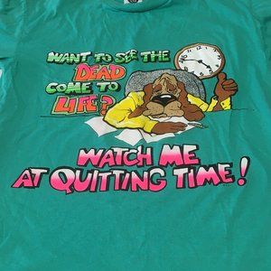 Vintage T shirt neon color graphics dog clock Watch me a quitting time unisex